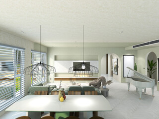 Fototapeta na wymiar 3D rendering, spacious dining room design next to the modern kitchen, with a beautiful dining table and greenery