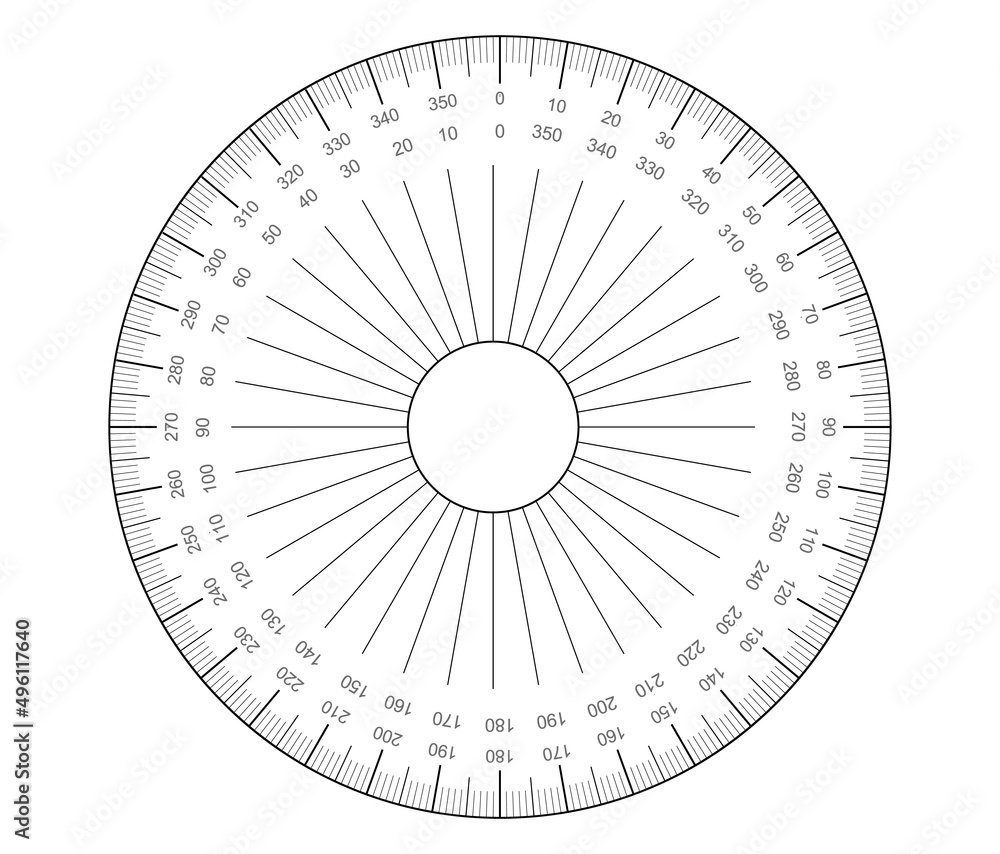 Poster circular protractor. angles measuring tool. round 360 protractors scale. actual size graduation.