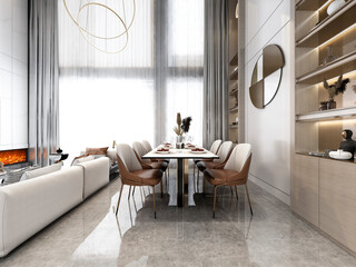 3D rendering, spacious dining room design next to the modern kitchen, with a beautiful dining table and greenery