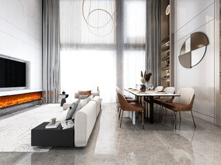 3D rendering, spacious dining room design next to the modern kitchen, with a beautiful dining table and greenery