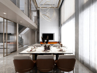 3D rendering, spacious dining room design next to the modern kitchen, with a beautiful dining table and greenery