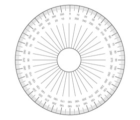 Circular protractor. Angles measuring tool. Round 360 protractors scale. Actual size graduation.