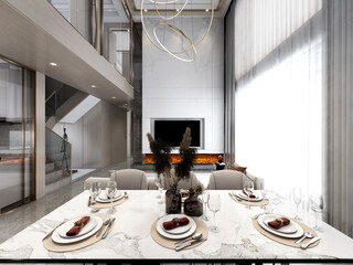 3D rendering, spacious dining room design next to the modern kitchen, with a beautiful dining table and greenery