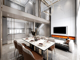 3D rendering, spacious dining room design next to the modern kitchen, with a beautiful dining table and greenery