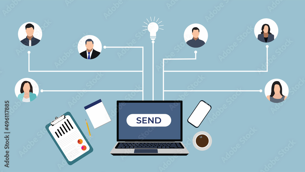 Poster business communication concept with a laptop vector. business and office information transfer method