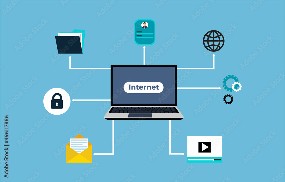 Poster internet service and network connection concept vector. online file sharing, mailing, communicating,
