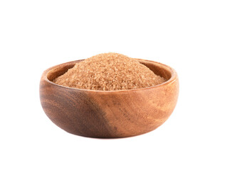 Wooden bowl full of cane sugar on a white background.