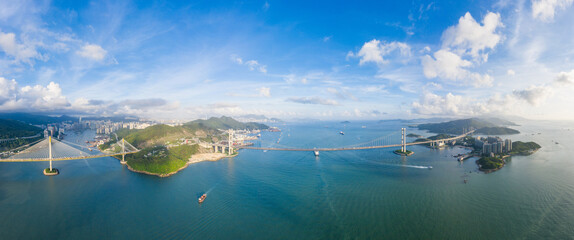 Epic evening view of the Tsing Ma Bridge, Suspension bridge in west side of Hong Kong.