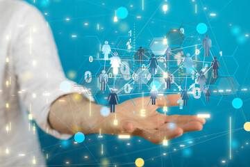 holding 3D rendering group of blue people
