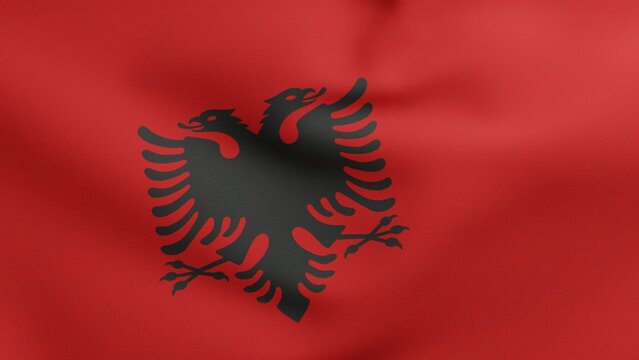 National flag of Albania waving 3D Render, Republic of Albania flag textile, Flamuri Kombetar or Flamuri i Republikes se Shqiperise Designed by Sadik Kaceli