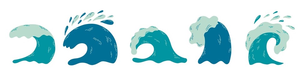 Sea waves. Cartoon ocean tidal storm waves isolated on white background for surfing and seascape, vector illustration