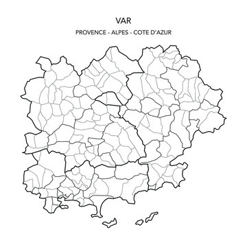 Vector Map of the Geopolitical Subdivisions of the French Department of Var Including Arrondissements, Cantons and Municipalities as of 2022 - Provence Alpes C&ocirc;te d&rsquo;Azur - France