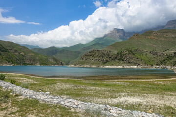 Picturesque mountain lake Gizhgit in Kabardino-Balkaria. Elbrus Region of Russia June 2021.