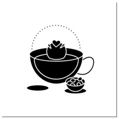 Coco bomb glyph icon. Delicious dessert. Cute ball of chocolate with marshmallows filling inside. Bomb inside cup. Chocolate sweet. Filled flat sign. Isolated silhouette vector illustration