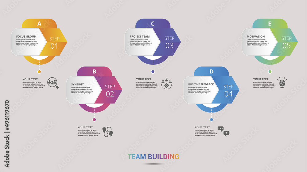 Poster infographic team building icons vector illustration. 5 colored steps info template with editable tex