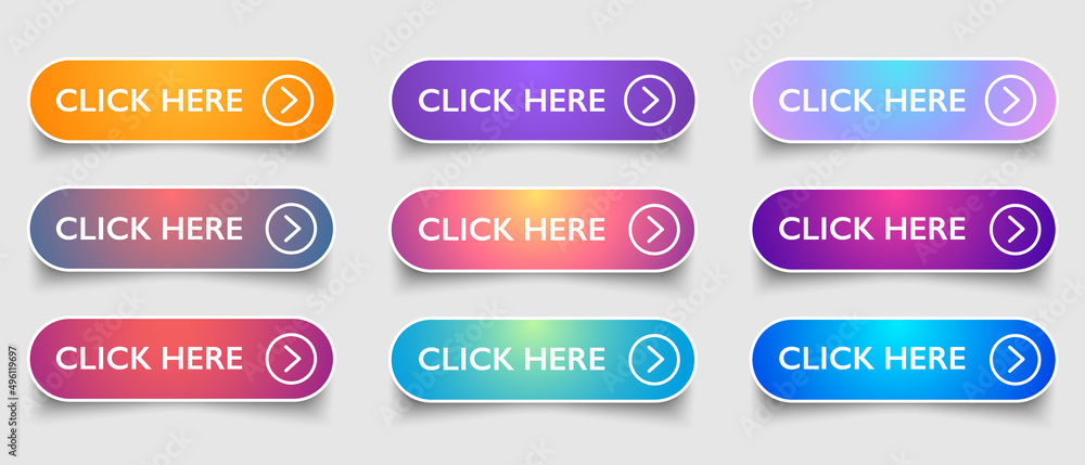 Poster click here colourful 3d button set. vector design