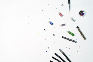 Tipsy, sparkles, srazy, shimmer, brush. Manicure design tools.
