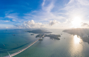 Epic evening view of the Tsing Ma Bridge, Suspension bridge in west side of Hong Kong.