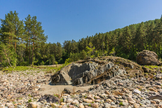 Circular rock on the bank of the Katun river in Altai