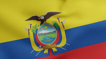 National flag of Ecuador waving 3D Render, Republic of Ecuador flag textile, coat of arms Ecuador independence day - obrazy, fototapety, plakaty