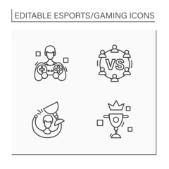 Esports line icons set. Gamer, international competition, round-robin tournament, winning. Gaming concept. Isolated vector illustration.Editable stroke