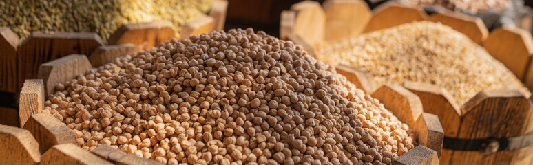 Egyptian Dried food products chickpeas on the Arab street market stall.