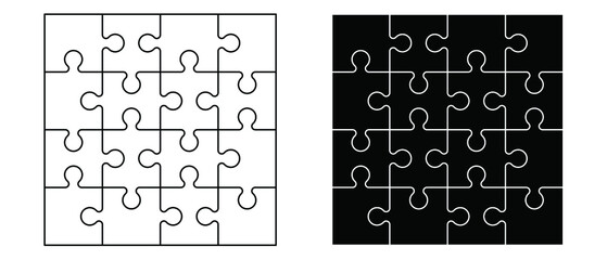 jigsaw puzzle pieces connection line pattern. Puzzle pieces icon or pictogram. Cartoon vector outline. Autism awareness logo or symbol. Dubbele platte puzzels. Teamwork concept. Mosic sign. Game print - obrazy, fototapety, plakaty
