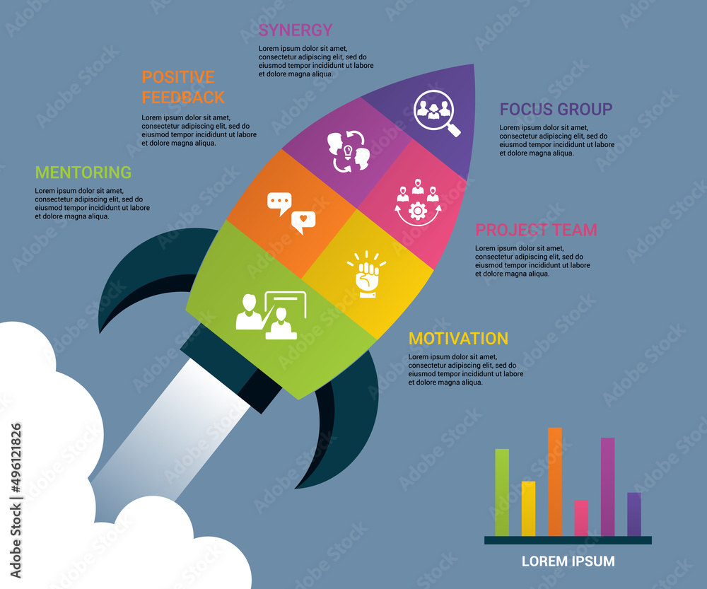 Poster infographic team building icons vector illustration. 6 colored steps info template with editable tex