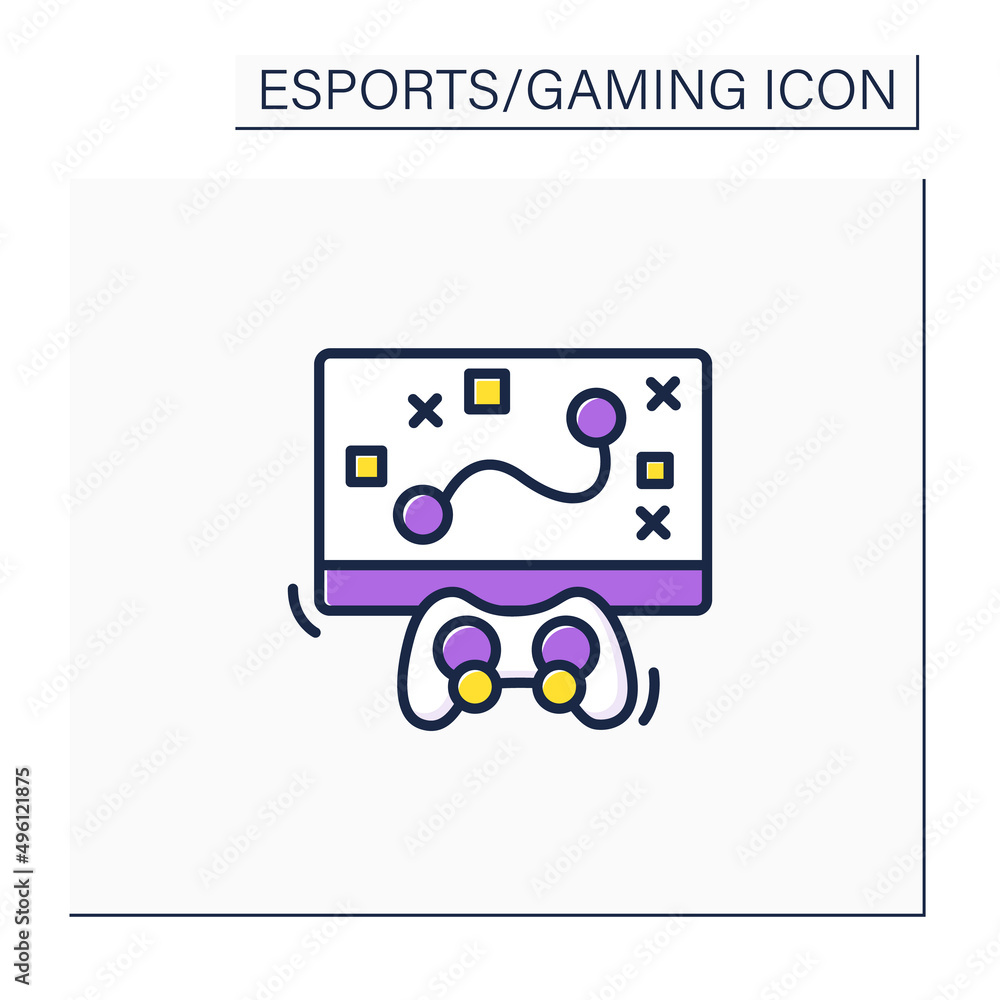Poster game strategy color icon. game playing algorithm. planning actions, communication between gamers. cy