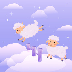 Sheep jumping on the clouds at night (insomnia, counting sheep). Vector banner