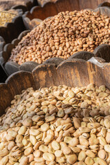 Egyptian Dried food products chickpeas on the Arab street market stall.