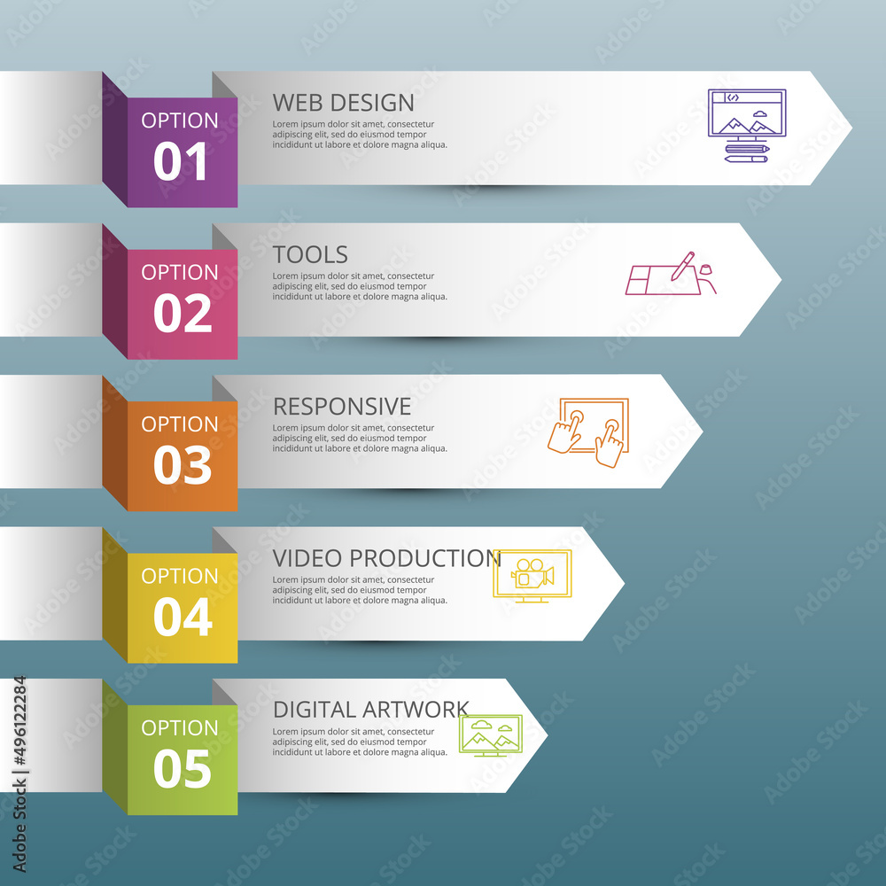 Poster infographic web design icons vector illustration. 5 colored steps info template with editable text.