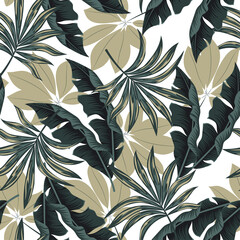 Summer seamless tropical pattern with bright plants and leaves on a white background. Tropic leaves in bright colors. Vector design. Jungle print. Floral background. 