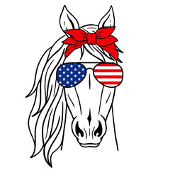 Vector silhouette of a horse's head. Wild Animals. Horse head with bandana and aviator glasses with USA Flag print. 4th of july. Good for posters, t shirts, postcards.