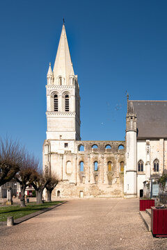 Abbey church of Saint Pierre Saint Paul in Beaulieu les Loches on a sunny winter afternoon, Touraine, France