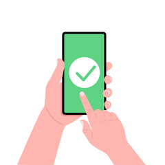 Male hand holding smartphone with green check mark on the screen. Vector.