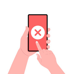 Male hand holding smartphone with red X mark on the screen. Vector.