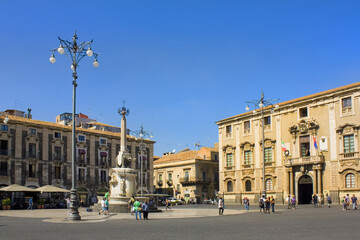 Fototapeta na wymiar Fountain of Elephant (symbol of Catania) at Piazza Duomo in Catania 
