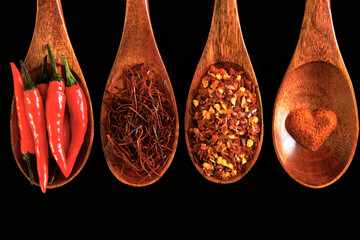 Vier braune Holzkochlöffel mit verschiedenen Formen des Chilis - der Peperoni darauf, Chilipulver...