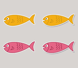 Stickers of cute fish swimming in their environment on a grey background