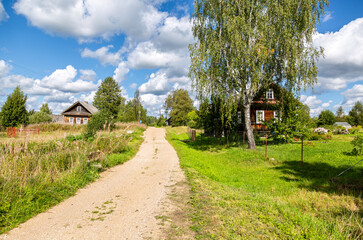 Fototapeta na wymiar Summer landscape with old wooden houses in russian village