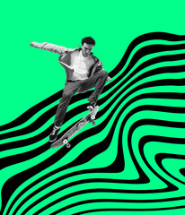 Contemporary art collage. Young active man, student skating isolated over hypnotic multicolored background