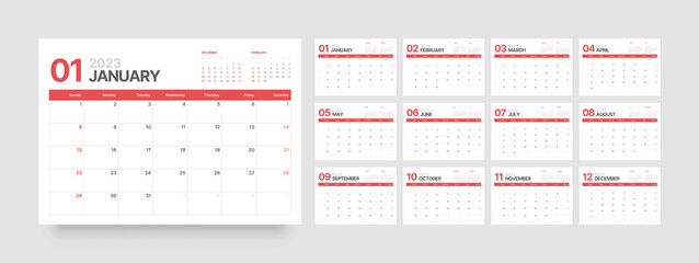 Monthly calendar template for 2023 year. Wall calendar in a minimalist style. Week Starts on Sunday. - obrazy, fototapety, plakaty