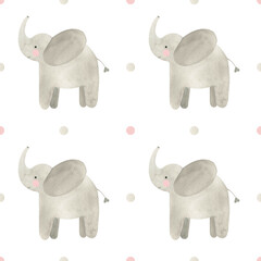 Watercolor seamless pattern with elephant and polka dot. Children's pattern