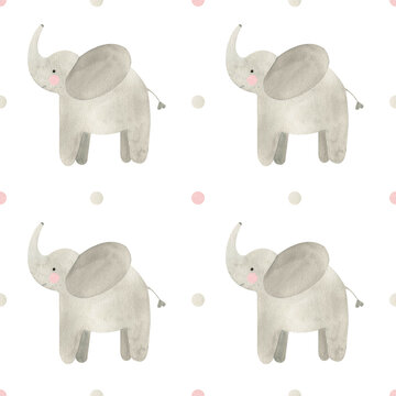 Watercolor seamless pattern with elephant and polka dot. Children's pattern
