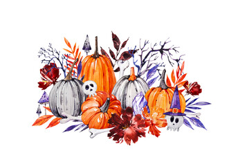 Watercolor Halloween elements. Bright hand-drawn pumpkins, mushrooms, bones, autumn flowers and leaves drawn by hand. Watercolor painting on white background. 