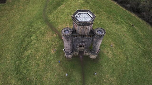 AERIAL: Top down reveal of Paxton's Tower, Carmarthen, 4k Drone
