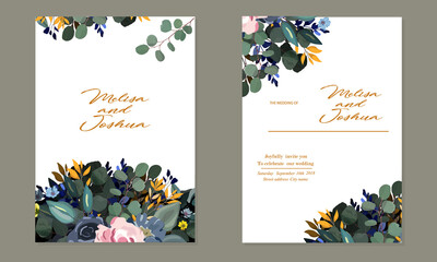 wedding invitation card with flowers. leaves branches roses peonies