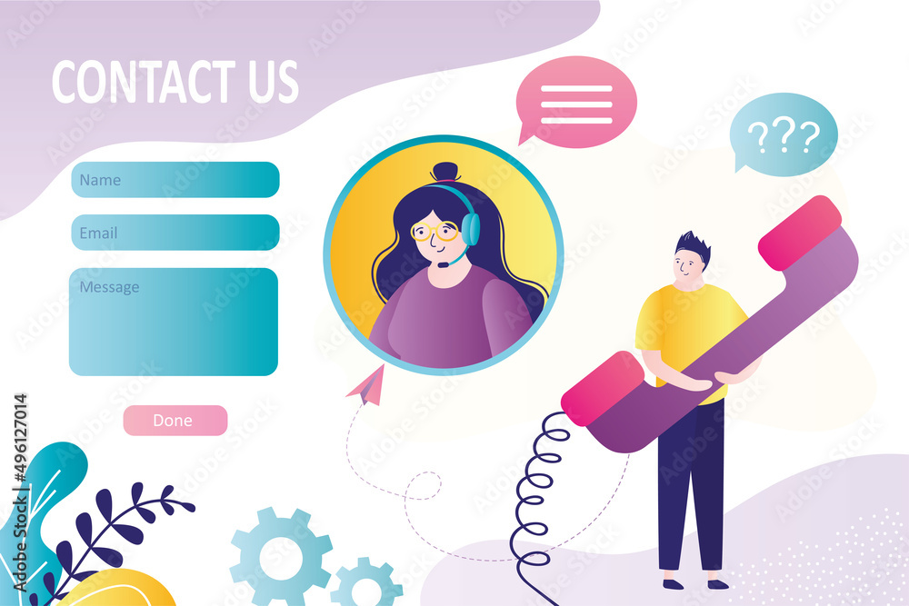 Poster operator in headphones communicates with client on various issues. contact us form template. woman f