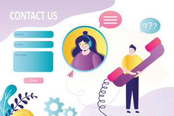 Operator in headphones communicates with client on various issues. Contact us form template. Woman from support service helps customers. Hotline and call center. Landing page.